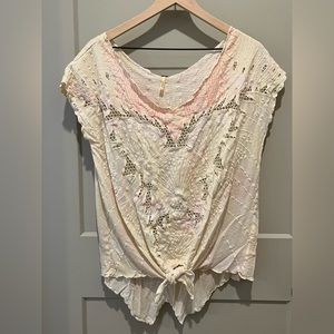 Free People Embroidered Lace Tie-Front Top Sz M